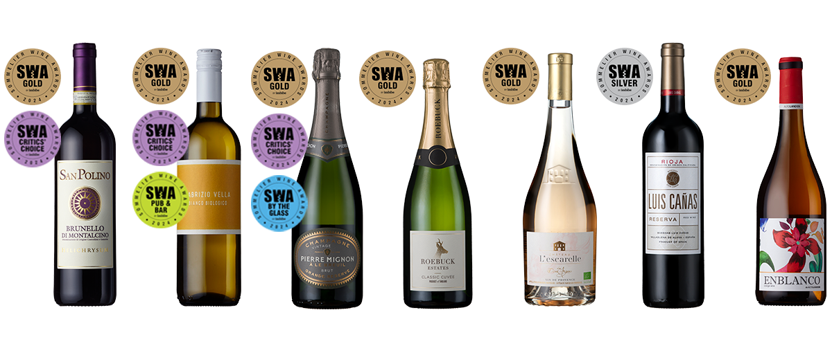 A lineup of wines with the SWA awards they won.